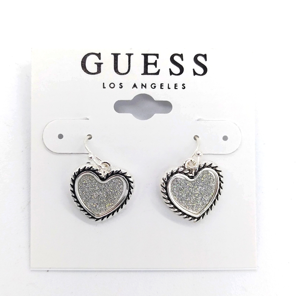3/$20 Guess Silver Glitter Heart Drop Earrings